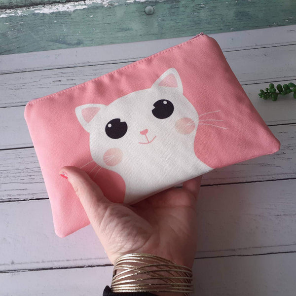 Pink Cute White Cartoon Cat Canvas Larger Zipper Pouch