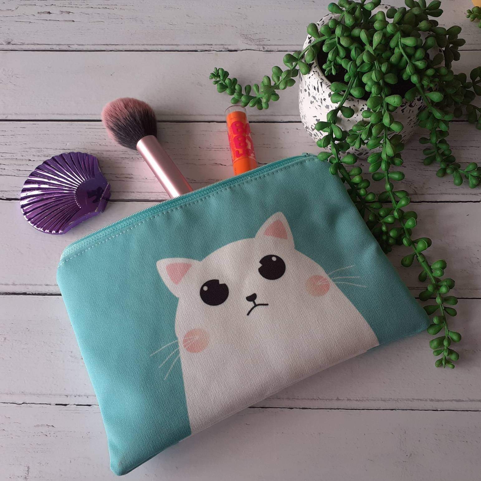 Mint Green White Grumpy Cartoon Cat Canvas Larger Zipper Pouch