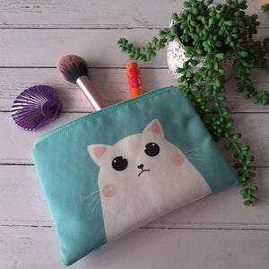 Mint Green White Grumpy Cartoon Cat Canvas Larger Zipper Pouch
