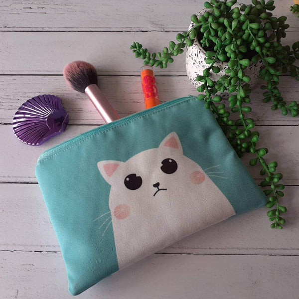 Mint Green White Grumpy Cartoon Cat Canvas Larger Zipper Pouch