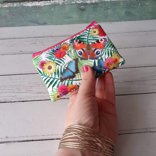 Tropical Peacock Butterfly Floral Satin Coin Zipper Purse Pouch