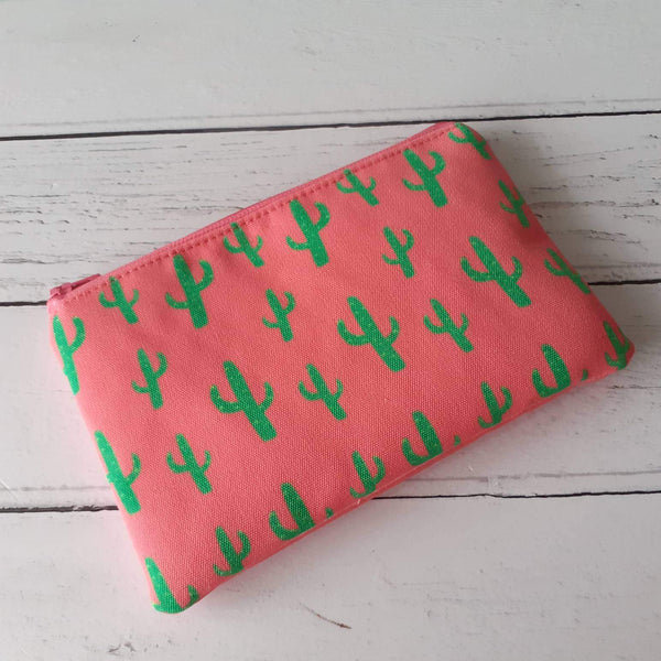 Coral Pink and Green Cacti Canvas Smaller Zipper Pouch