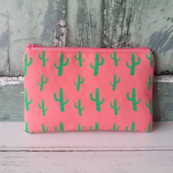 Coral Pink and Green Cacti Canvas Smaller Zipper Pouch