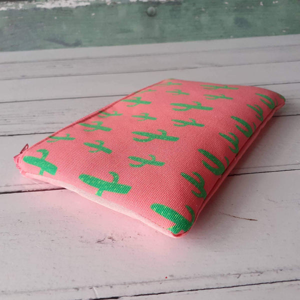 Coral Pink and Green Cacti Canvas Smaller Zipper Pouch