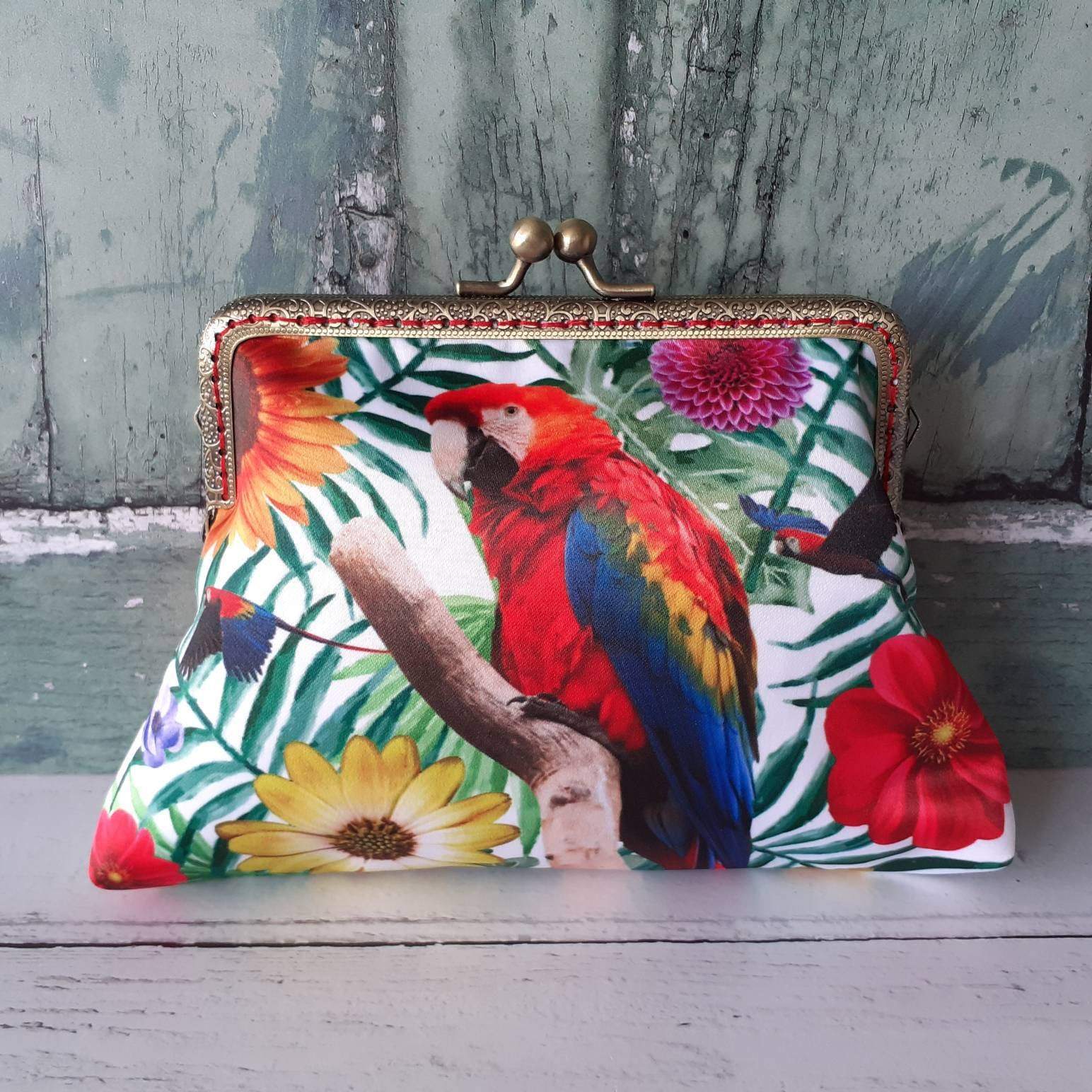 Tropical Red and Blue Parrot Satin 5.5 Inch Bronze Clasp Purse Frame Clutch Bag