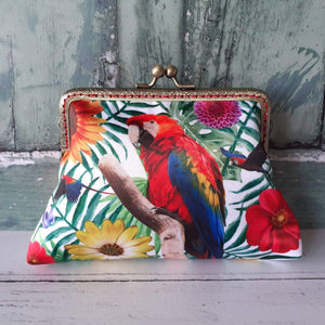 Tropical Red and Blue Parrot Satin 5.5 Inch Bronze Clasp Purse Frame Clutch Bag