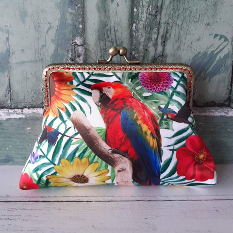 Tropical Red and Blue Parrot Satin 5.5 Inch Bronze Clasp Purse Frame Clutch Bag