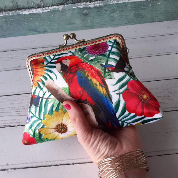 Tropical Red and Blue Parrot Satin 5.5 Inch Bronze Clasp Purse Frame Clutch Bag