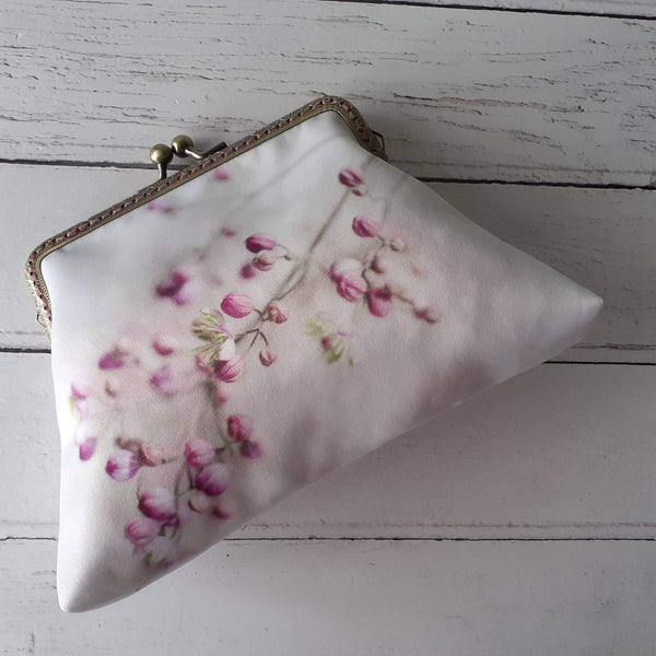 Pink Blossom Floral Satin 5.5 Inch Clasp Purse Frame Clutch Bag