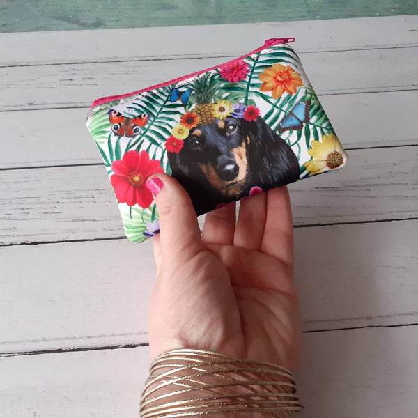 Tropical Black Dachshund Dog Floral Satin Coin Zipper Purse Pouch