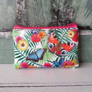 Tropical Peacock Butterfly Floral Satin Coin Zipper Purse Pouch