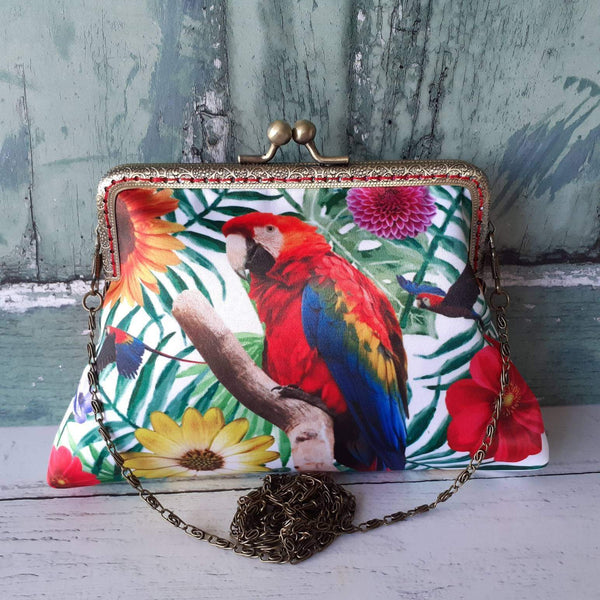 Tropical Red and Blue Parrot Satin 5.5 Inch Bronze Clasp Purse Frame Clutch Bag