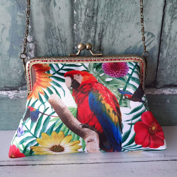 Tropical Red and Blue Parrot Satin 5.5 Inch Bronze Clasp Purse Frame Clutch Bag