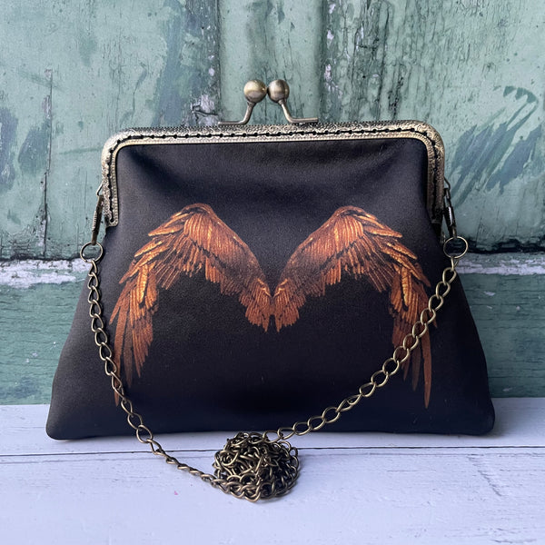 Black and Bronze Angel Wings Satin 5.5 Inch Clasp Purse Frame Clutch Bag