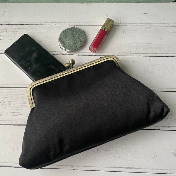 Black Satin 8 Inch Sew-In Bronze Clasp Purse Frame Clutch Bag