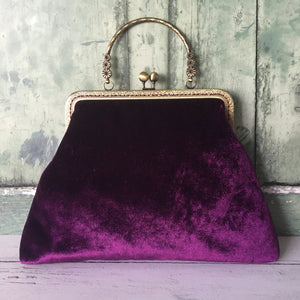 Mulberry Purple Velvet Vintage Style 8 Sew-In Bronze Clasp Purse Frame Handbag
