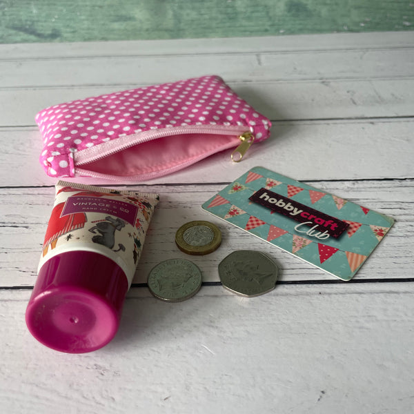 Pink and White Polka Dot Cotton Coin Zipper Purse Pouch