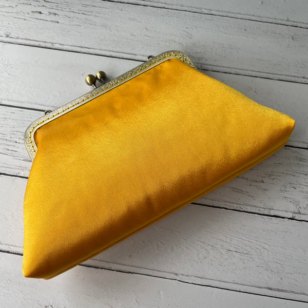 Golden Yellow Satin 8 Inch Bronze Clasp Purse Frame Clutch Bag