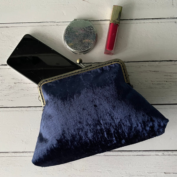 Navy Blue Crushed Velvet 5.5 Clasp Purse Frame Clutch Bag
