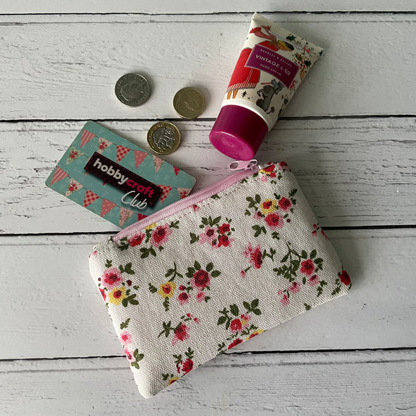 Red and Pink Roses Floral Cotton Zip Coin Purse Pouch
