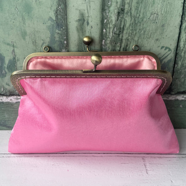 Rose Pink Satin 8 Inch Bronze Clasp Purse Frame Clutch Bag