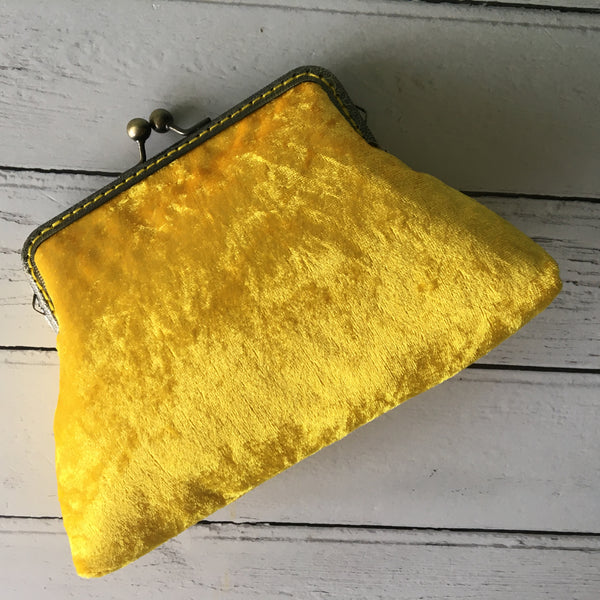 Sunflower Yellow Crushed Velvet 5.5 Inch Bronze Clasp Purse Frame Clutch Bag