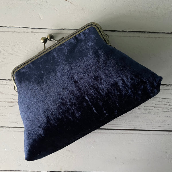 Navy Blue Crushed Velvet 5.5 Clasp Purse Frame Clutch Bag