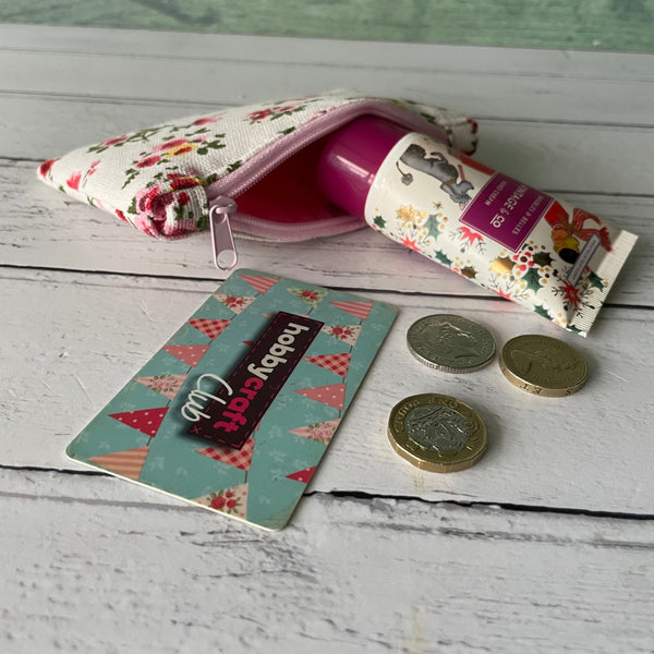 Red and Pink Roses Floral Cotton Zip Coin Purse Pouch