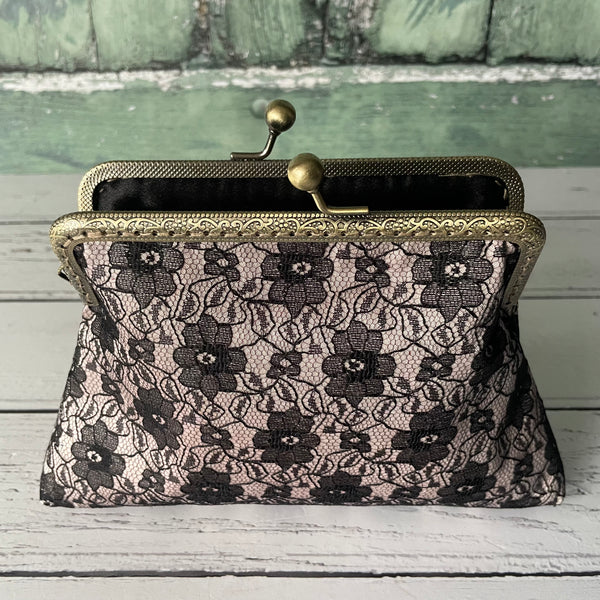 Champagne Satin and Black Floral Lace 5.5 Inch Clasp Purse Frame Clutch Bag