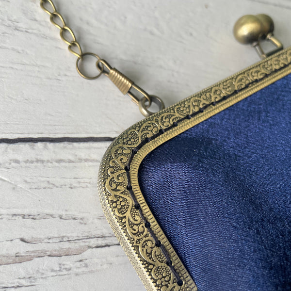 Navy Blue Satin 8 Inch Bronze Clasp Purse Frame Clutch Bag