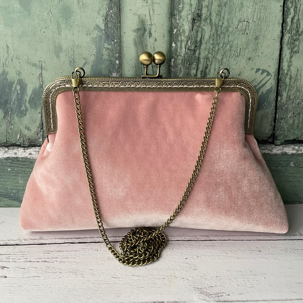 Crepe Pink Velvet 8 Inch Bronze Clasp Purse Frame Clutch Bag