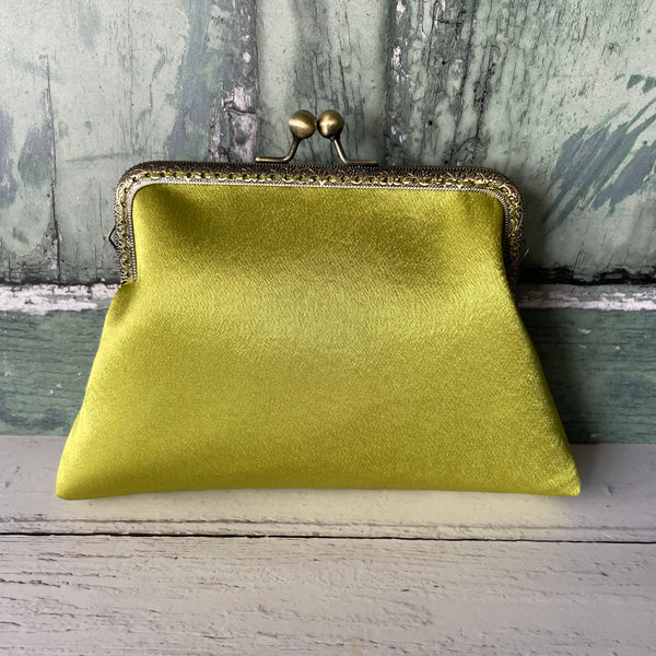 Lime Green Satin 5.5 Inch Clasp Purse Frame Clutch Bag