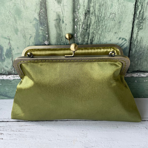 Olive Green Satin 8 Inch Bronze Clasp Purse Frame Clutch Bag