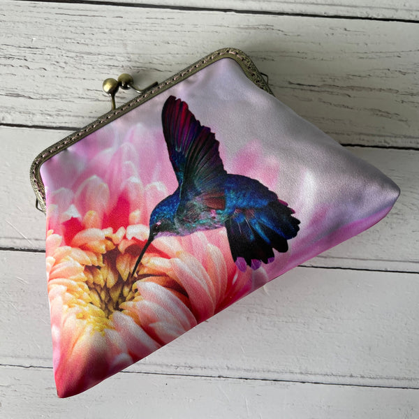 Pink Chrysanthemum and Blue Hummingbird Satin 5.5 Clasp Purse Frame Clutch Bag