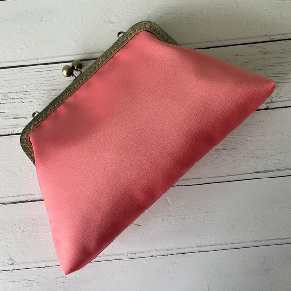 Coral Pink Satin 8 Sew-In Bronze Clasp Purse Frame Clutch Bag