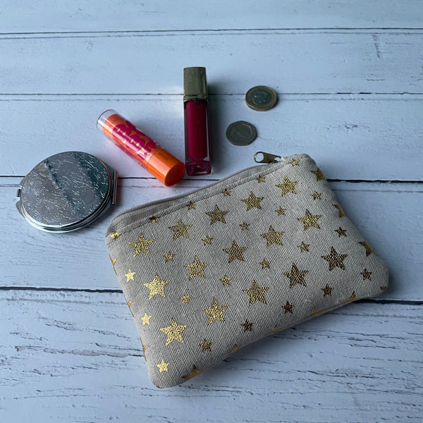 Gold Stars Beige Cotton Zip Coin Purse Pouch