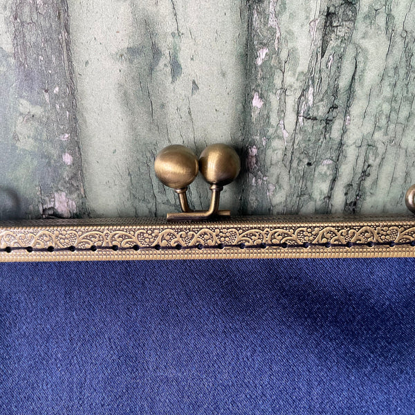 Navy Blue Satin 8 Inch Bronze Clasp Purse Frame Clutch Bag