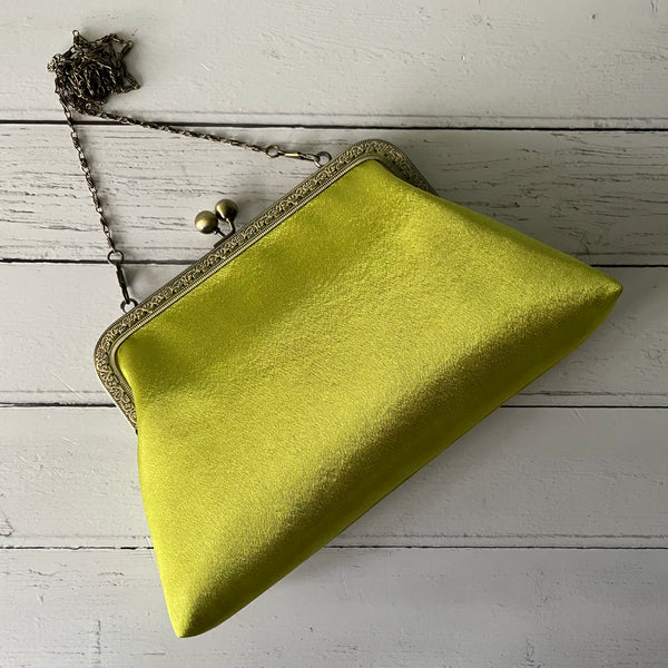 Lime Green Satin 8 Sew-In Bronze Clasp Purse Frame Clutch Bag