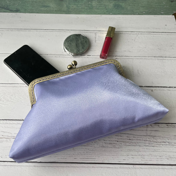 Lilac Satin 8 Sew-In Bronze Clasp Purse Frame Clutch Bag