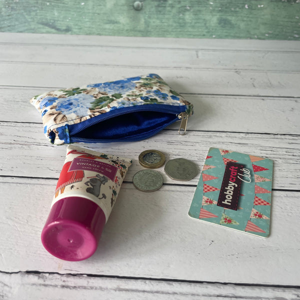 Blue Roses Floral Cotton Coin Zipper Purse Pouch
