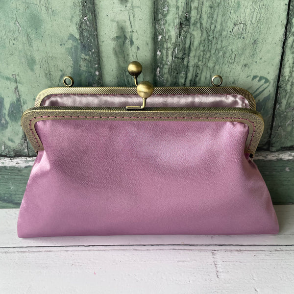 Antique Dusty Pink Satin 8 Inch Bronze Clasp Purse Frame Clutch Bag