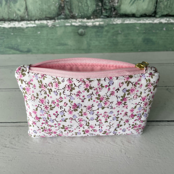Purple and Pink Ditzy Floral Cotton Coin Zipper Purse Pouch