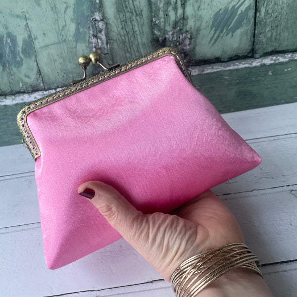 Rose Pink Satin 5.5 Inch Bronze Clasp Purse Frame Clutch Bag