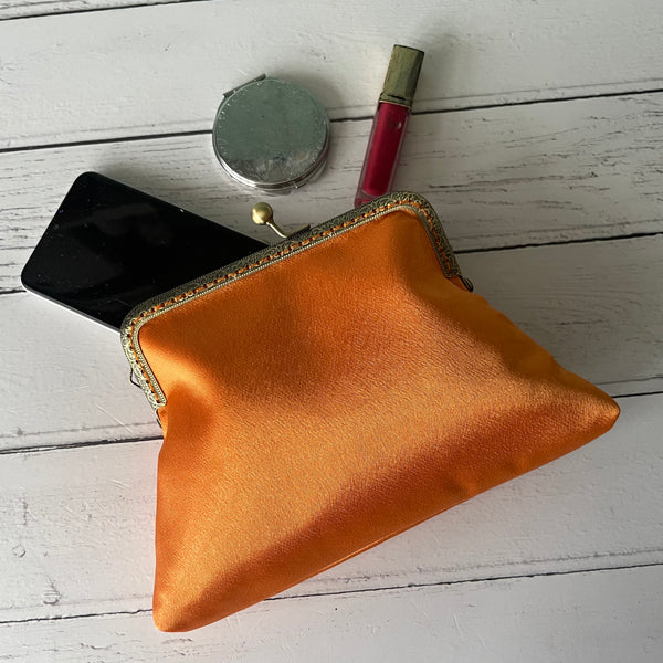 Tangerine Orange Satin 5.5 Inch Bronze Clasp Purse Frame Clutch Bag