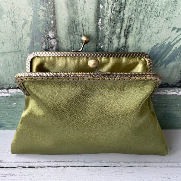 Olive Green Satin 5.5 Inch Clasp Purse Frame Clutch Bag