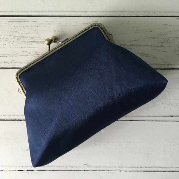 Navy Blue Satin 5.5 Clasp Purse Frame Clutch Bag