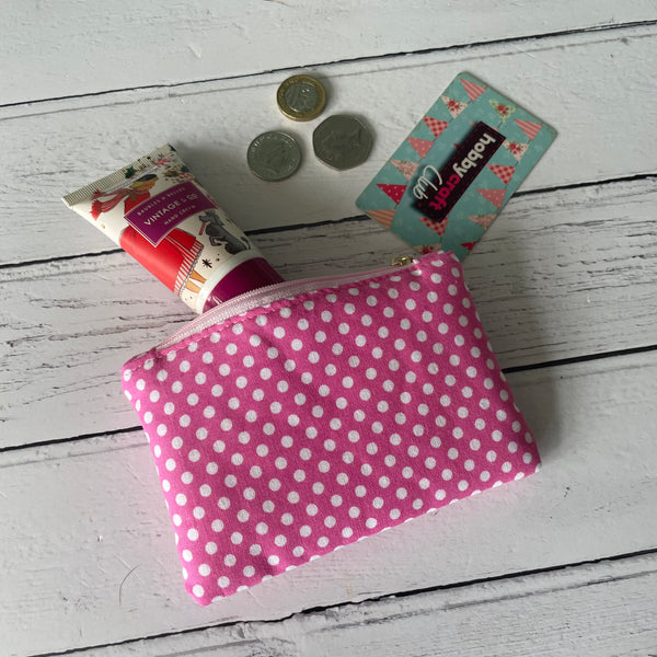 Pink and White Polka Dot Cotton Coin Zipper Purse Pouch