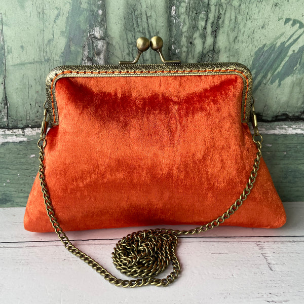 Burnt Orange Crushed Velvet 5.5 Inch Sew In Clasp Purse Frame Clutch Bag