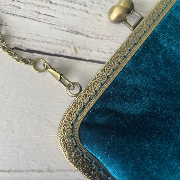 Petrol Blue Velvet 8 Inch Bronze Clasp Purse Frame Clutch Bag
