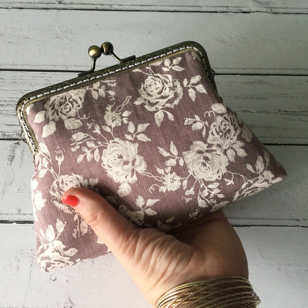 Grey and White Vintage Style Rose Floral Clutch Bag